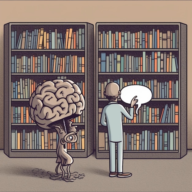 A cartoon of a person with a brain on their head looking at bookshelves with a speech bubble saying'i'm a brain '