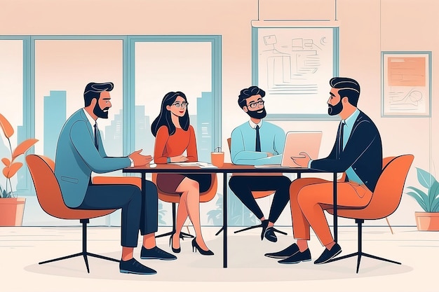 Cartoon personage business team hebben gesprek Vrouw en man bij ochtend bijeenkomst Illustratie van discussie en praat toespraak praten brainstorm