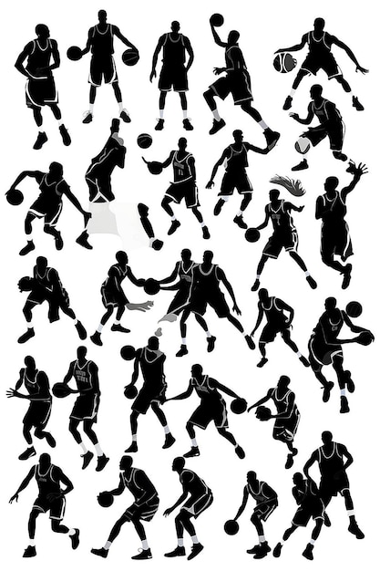 Cartoon personage groep basketbalspelers geïsoleerde vector silhouetten