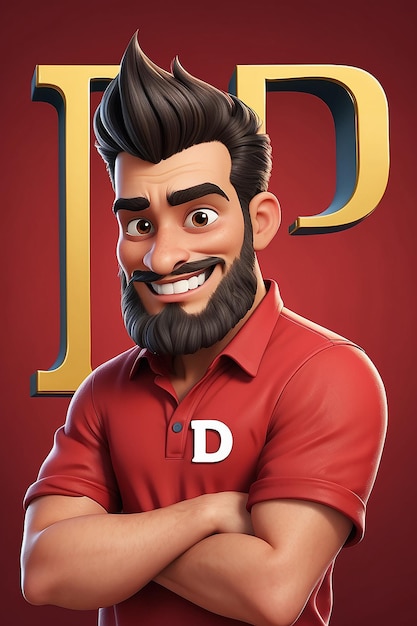 Cartoon personage in rood shirt met letter D ontwerp