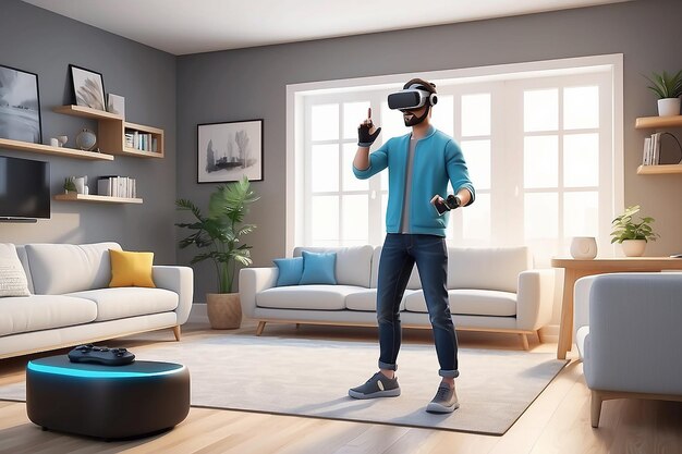 Foto cartoon personage man spelen virtual reality spel thuis met vr bril en controller