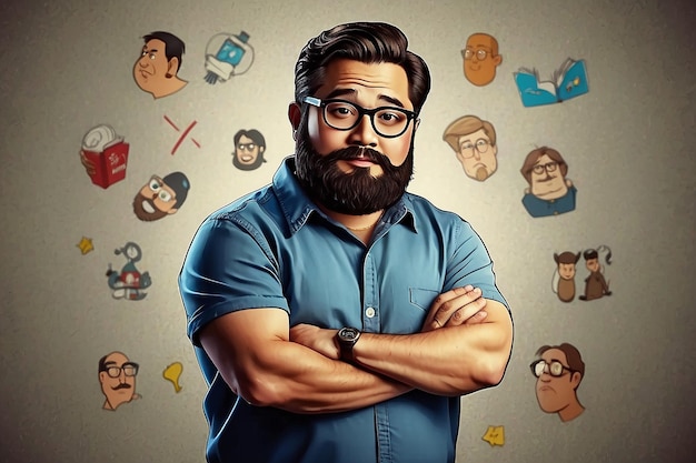 Foto cartoon personage met baard en bril op hemd