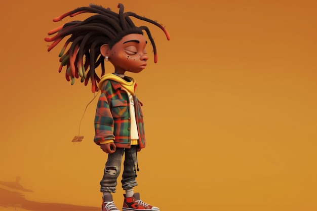 Cartoon personage met lange dreadlocks modieus gekleed