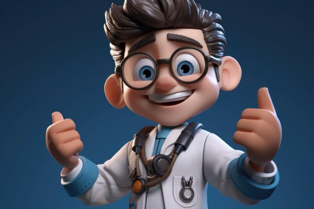 Cartoon personage slimme dokter draagt een bril en toont duim omhoog Medische clip art geïsoleerd op blauwe achtergrond Ai gegenereerd