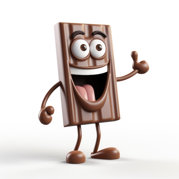 Cartoon personage van chocoladereep met armen en benen met duimen omhoog