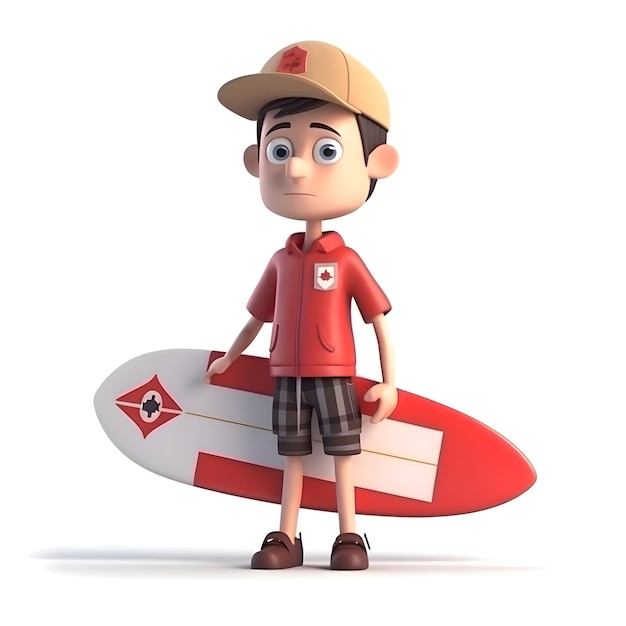 Cartoon personage van een jongen met een surfboard 3D rendering