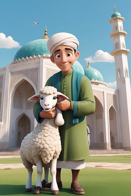 Cartoon personage van een man die schapen vasthoudt voor de moskee