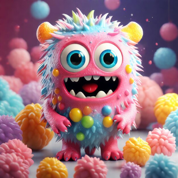 cartoon personage van het schattige monster met kleurrijke snoep cartoon personages van het schatte monster