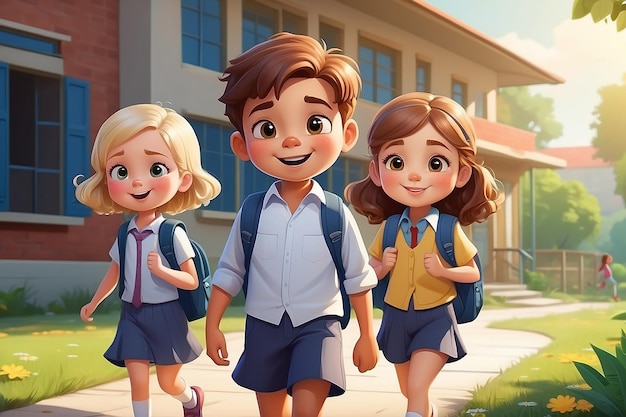 Cartoon personage van kinderen gaan naar school gelukkig terug naar school concept