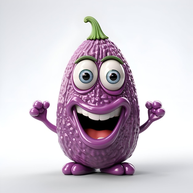 Cartoon personage van paarse aubergine met armen en benen op witte achtergrond