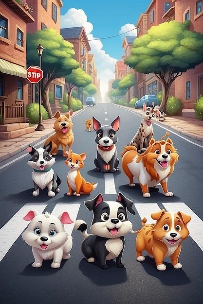 Photo cartoon pet animals in the middle of road