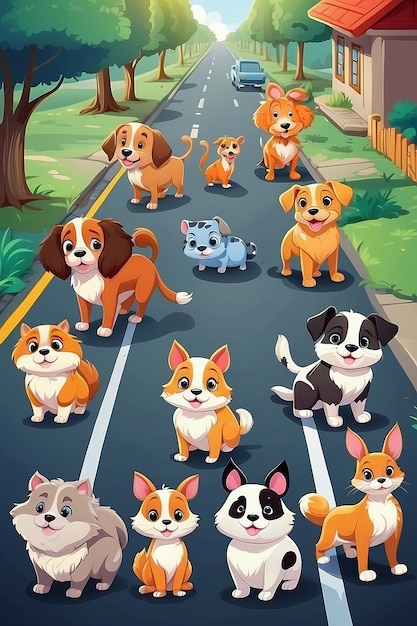 Cartoon pet animals in the middle of road