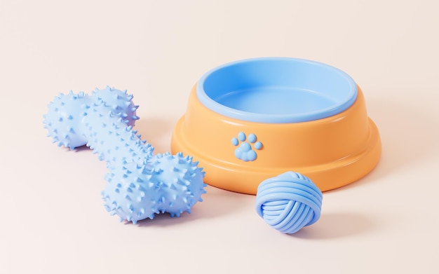 Cartoon pet bowl and pet toys in the yellow background 3d rendering