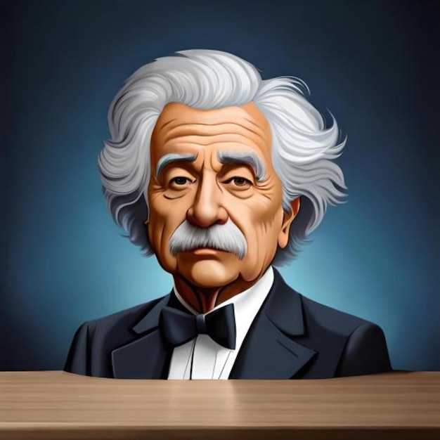 A cartoon of physicist with a black suit and white hair.