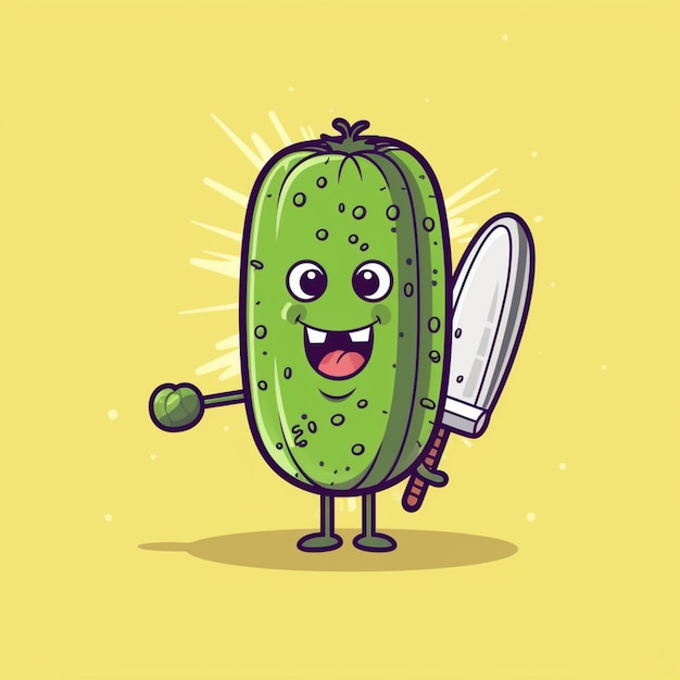 Photo cartoon pickle character holding a knife and a knife in his hand generative ai