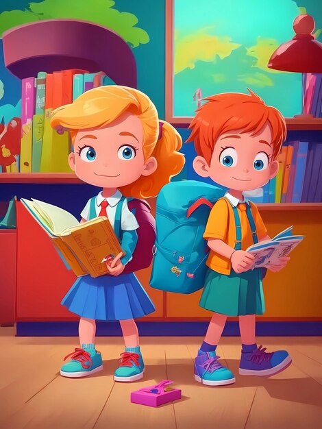 a cartoon picture of a boy and girl holding books.