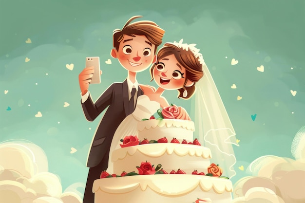 결혼식 날 에 신랑 과 신부 의 만화 사진