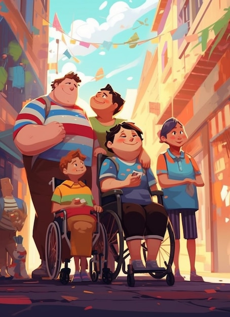A cartoon picture of a family of four standing in a street generative ai