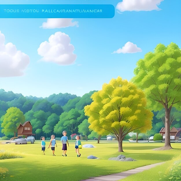 a cartoon of a picture of a field with trees and a house in the background