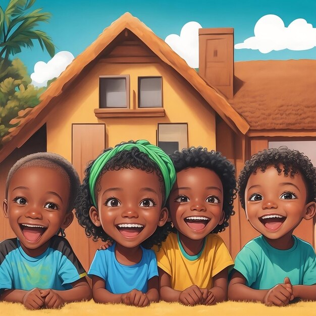 a cartoon picture of a group of kids with palm trees and a house in the background with big smile