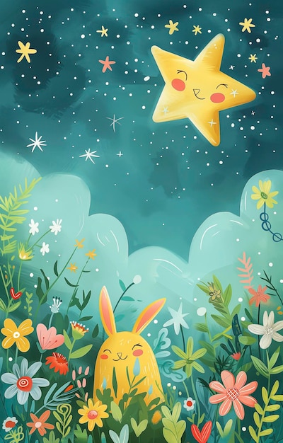 잔디 속 에 있는 별 과 토끼 의 만화