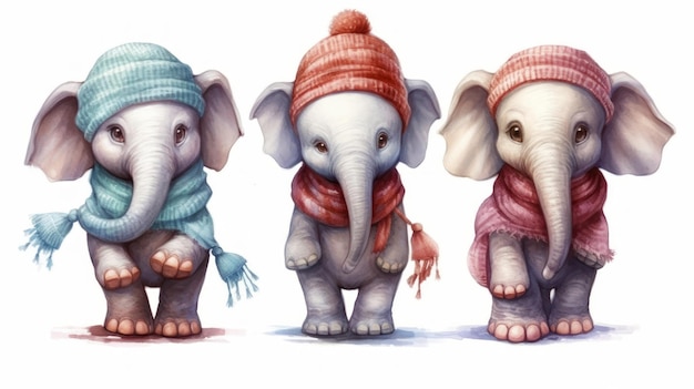 A cartoon picture of three elephants wearing hats and scarves.