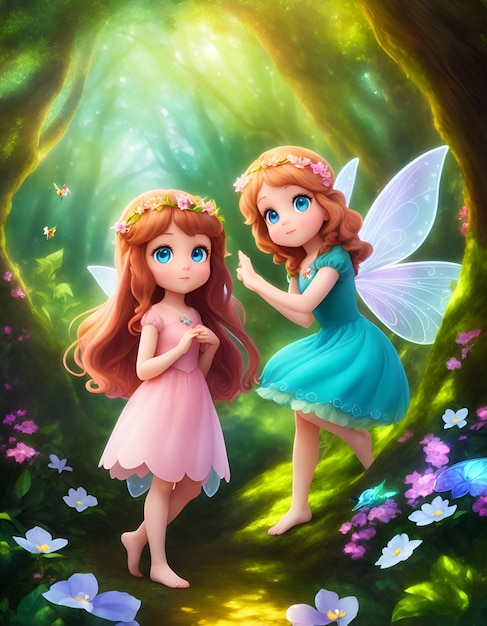 Photo a cartoon picture of two little fairies in a forest