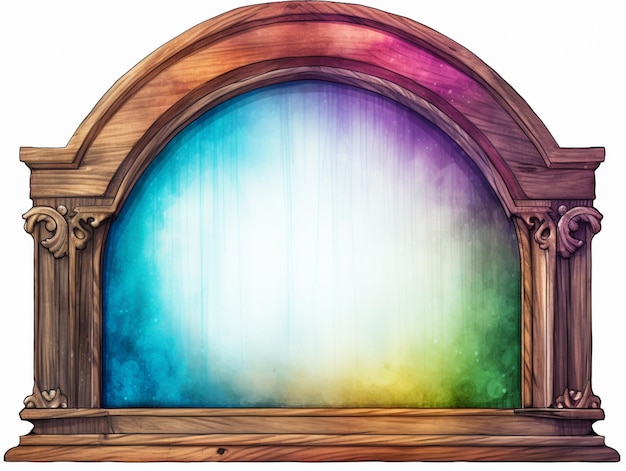 a cartoon picture of a wooden arch with a rainbow colored background generative ai