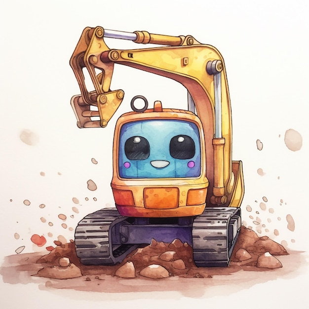 A cartoon picture of a yellow excavator with a blue face.