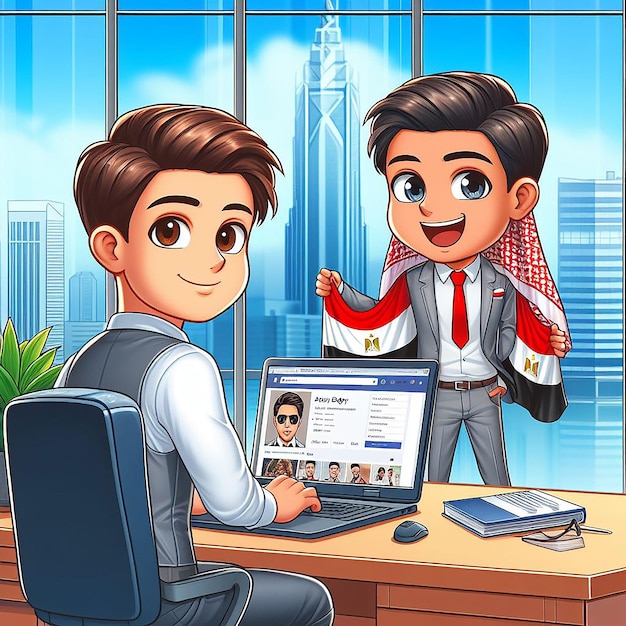 A cartoon picture of a young man at work sitting on a desk in front of him a laptop with a Facebook