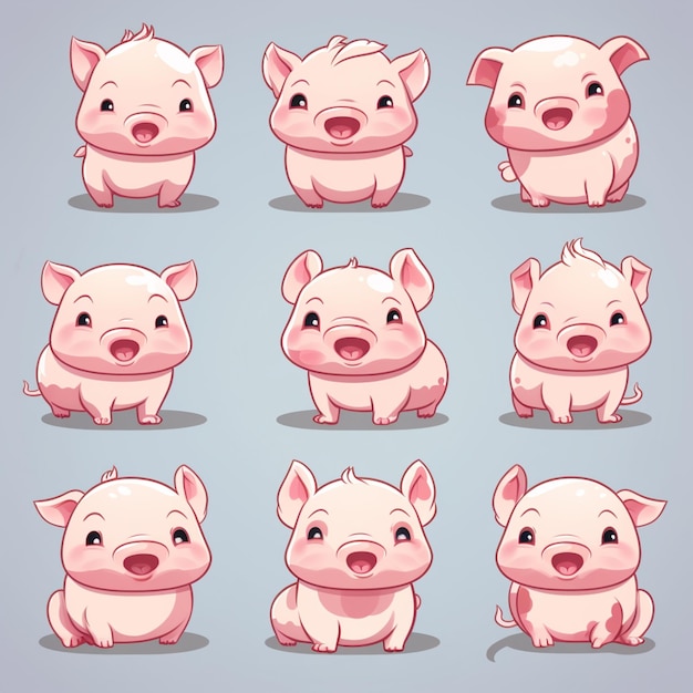 写真 アニメ化された豚のキャラクターセット - 異なる表情で作成されたアイ
