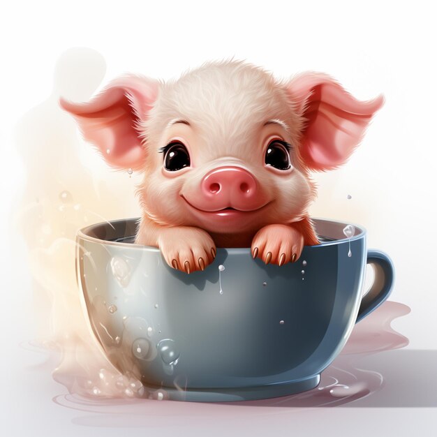 Photo cartoon pig in a cup with bubbles generative ai