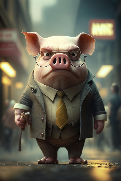 Мультяшная свинья, одетая в костюм и галстук, генеративный искусственный интеллект