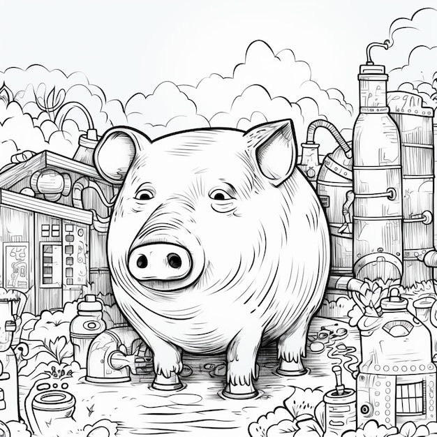 Фото Мультфильм свинья в фермерском дворе с амбаром и силосом генеративный ai