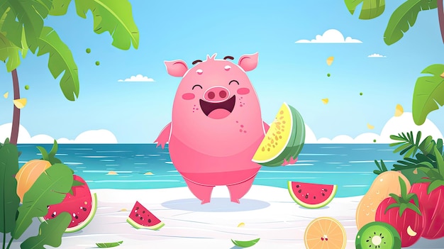 A cartoon pig is holding a watermelon and standing on a beach