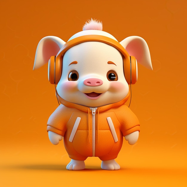 Cartoon pig in orange jacket with headphones on generative ai