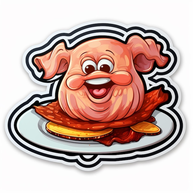Photo cartoon pig on a plate with bacon and cheese generative ai