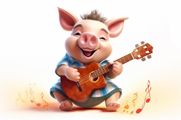 Photo cartoon pig playing a guitar and singing with music notes generative ai