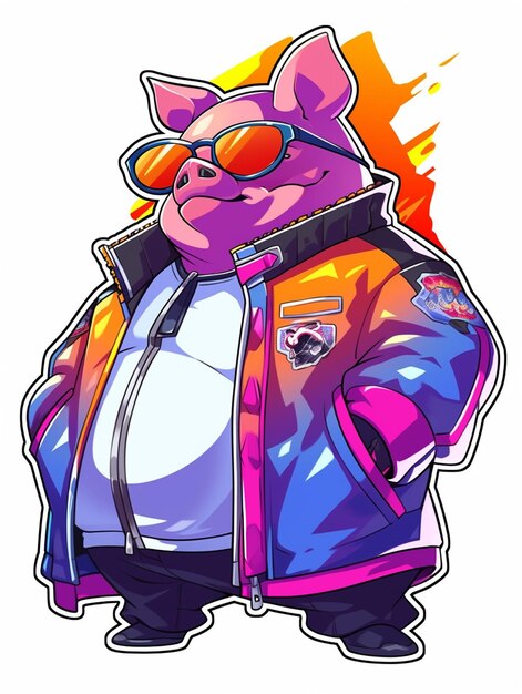 a cartoon pig wearing a jacket and sunglasses standing in front of a white background generative ai