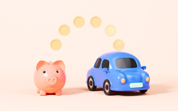 Cartoon piggy bank and blue car on the yellow background 3d rendering