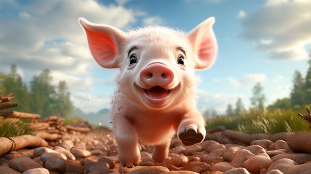 A Cartoon Piglet in a Cute Farming SceneSmall Piggy