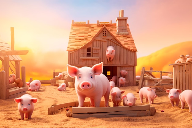 Cartoon pigs on a pig farm The game of raising domestic animals