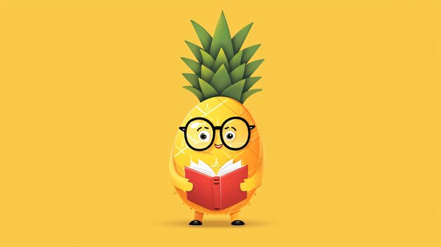 Foto un ananas dei cartoni animati che indossa gli occhiali sta leggendo un libro l'ananas è in piedi su due piedi e ha un'espressione felice sul suo viso