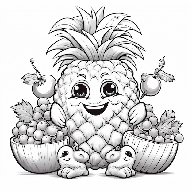 Карикатурный ананас с миской фруктов и ложкой