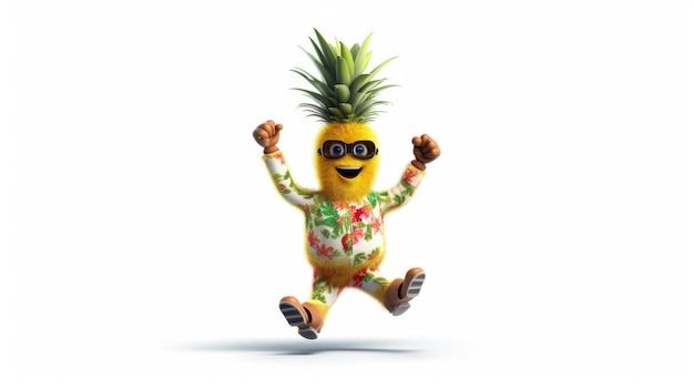 A cartoon pineapple with a green shirt and glasses is running with his arms up and his head up.