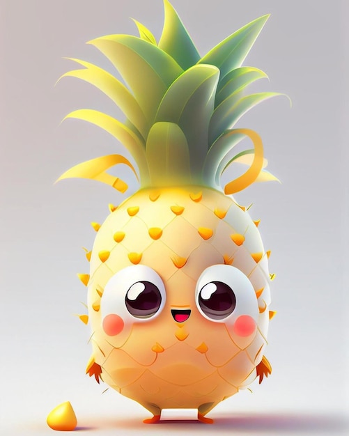 A cartoon pineapple with a pink face and eyes is on a white background.