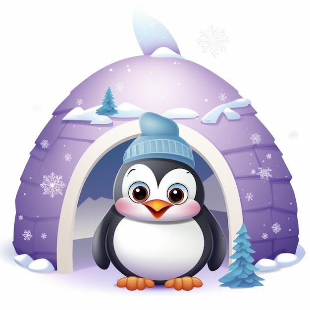cartoon pinguïn in een winterhoed zit voor een met sneeuw bedekte igloo generatieve ai