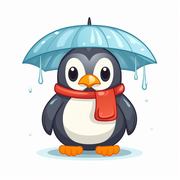 Foto cartoon pinguïn met paraplu en sjaal die in de regen staat generatieve ai