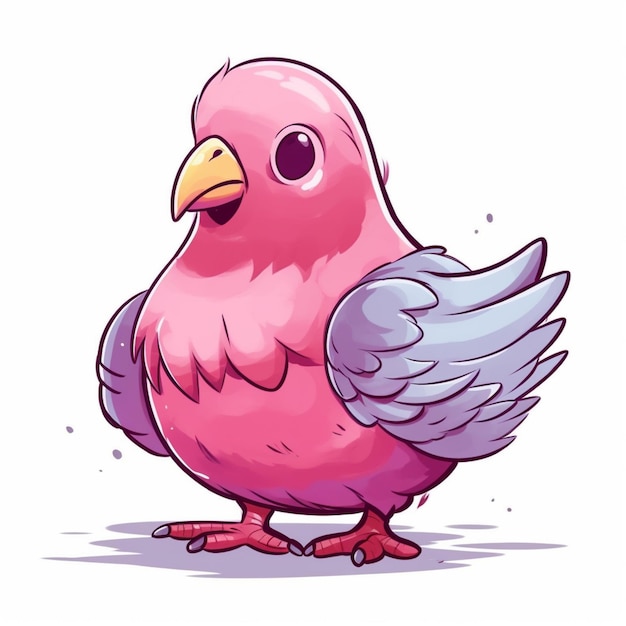Мультяшная розовая птица с голубыми крыльями и желтым клювом