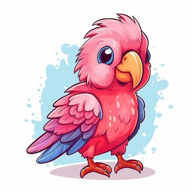 A cartoon pink parrot with blue eyes and a yellow beak generative ai